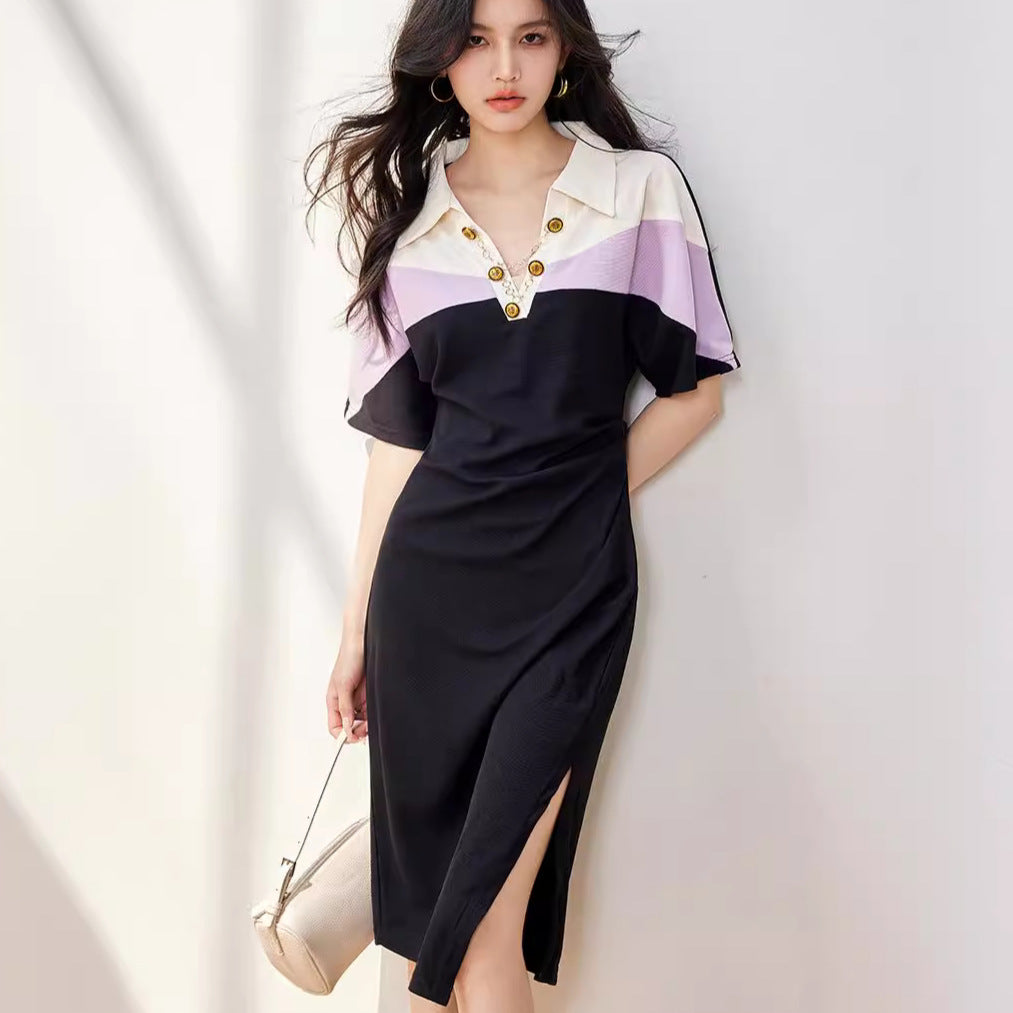 R3210 Color-Blocked Elegant Sports Polo Dress Women's Long Slim Waist High-End Short-Sleeved Casual Skirt Summer