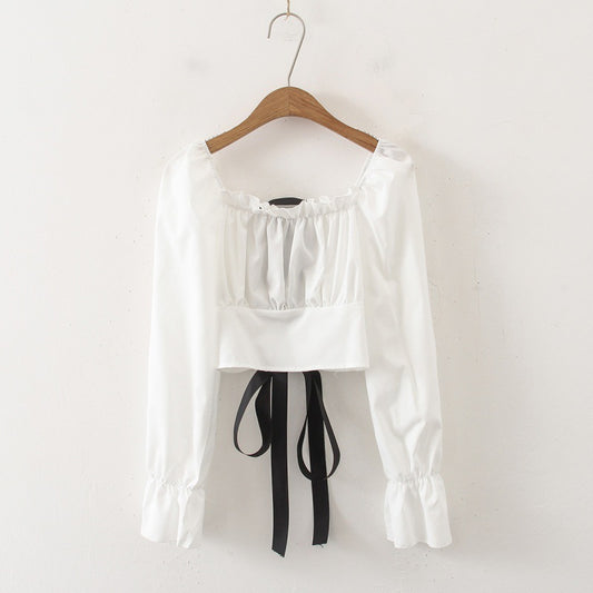 Autumn New Style Palace Puff-sleeved Long-sleeved Shirt, Feminine Backless Cross-over Short Strappy Top With Slim Fit