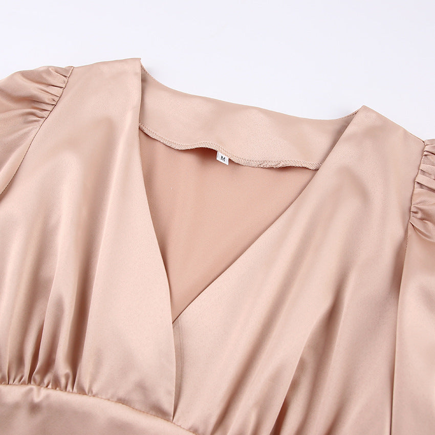 Clothing French Style Elegant Satin Lantern Sleeve Dress Women's High-end Waist Banquet Dress