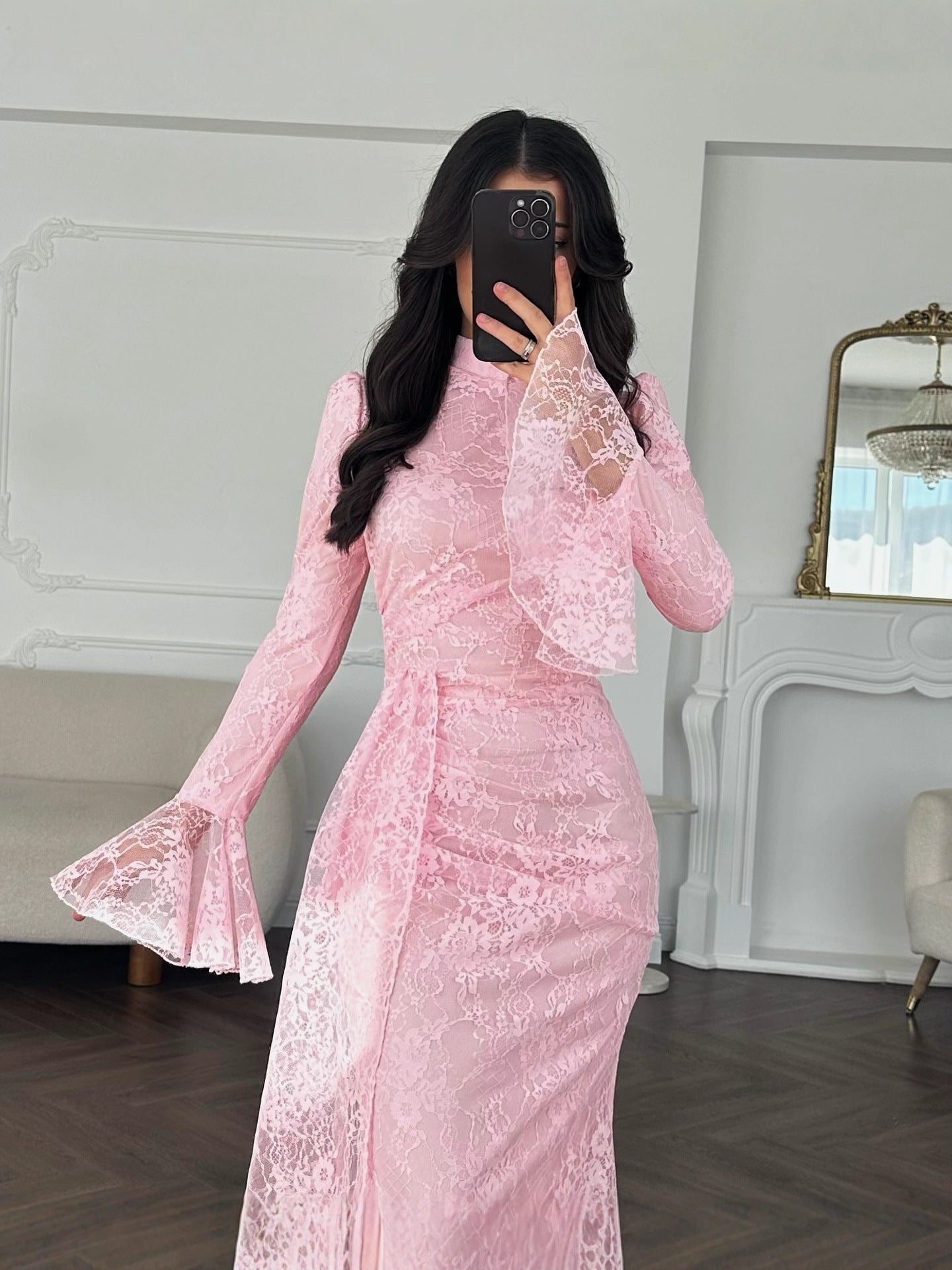 2025 Cross-border New European And American Style Women's Sexy Fashion Hip-covering Long Skirt Evening Dress Long-sleeved Lace Dress