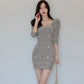 2025 Spring New Korean Style Square Neck Puff Sleeve Double Breasted Small Three Quarter Sleeve Hip Cover Dress For Women