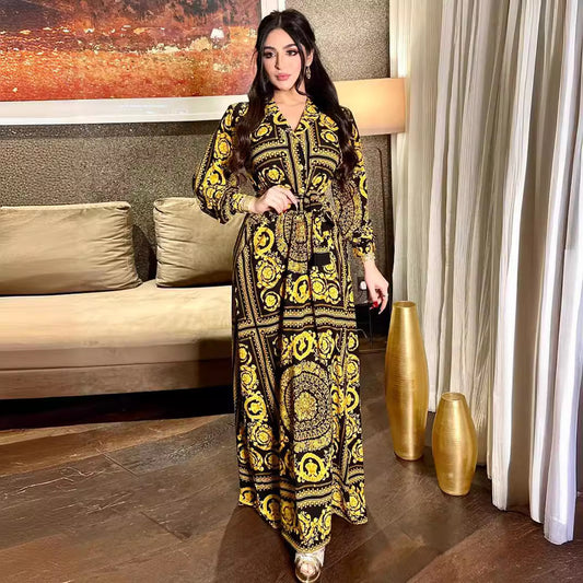 In Stock! European And American Cross-Border Independent Station Women's Shirt Printed Long-Sleeved Dress Fashionable Long Skirt Dress