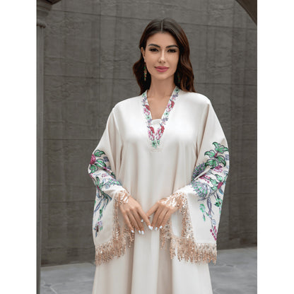 Sw037 Middle Eastern Cross-Border Muslim Women's Robe V Neck Embroidered Tassel Elegant Arabic Dress Abaya