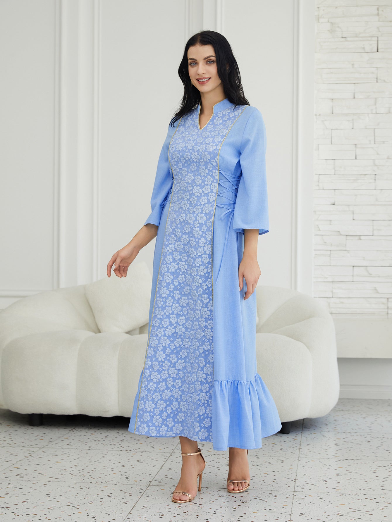 Cross-Border Long-Sleeved Jacquard V Neck Elegant Lace-Up Waist Slimming Look Dress Evening Dress