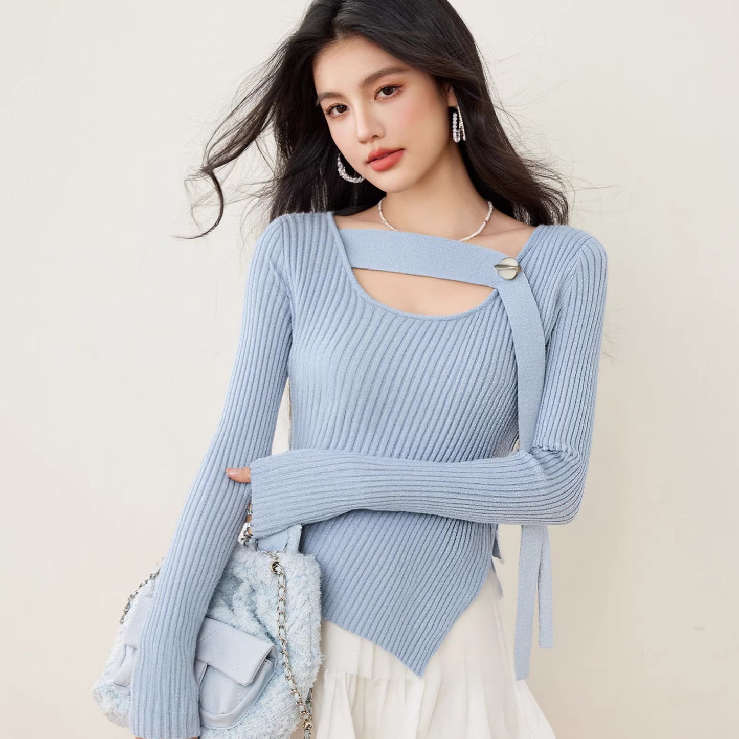R2632 Brand Women's Fog Blue Ribbon One Button Irregular Top Wool Bottoming Sweater Temperament Top