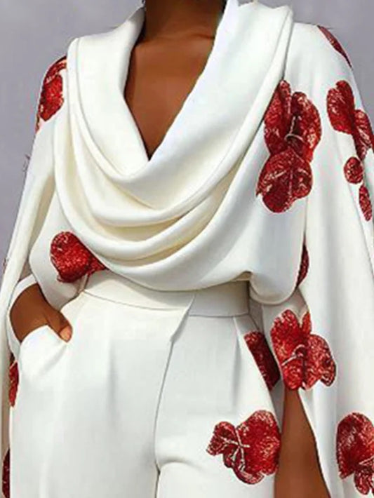 Foreign Trade Cross-border European And American Women's Clothing Independent Station New Printed Pile Collar Long Sleeve Two-piece Pants Suit