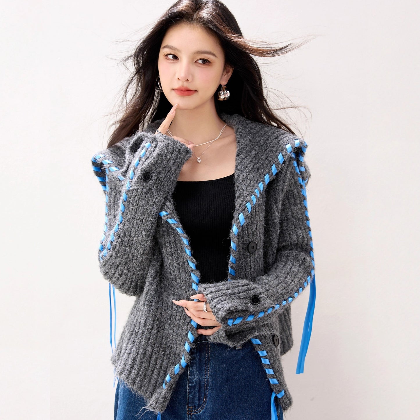 R5856 Advanced Wool Sweater With Large Lapel Short Coat, Lazy Style Knitted Cardigan For Women, Niche Thick And Warm