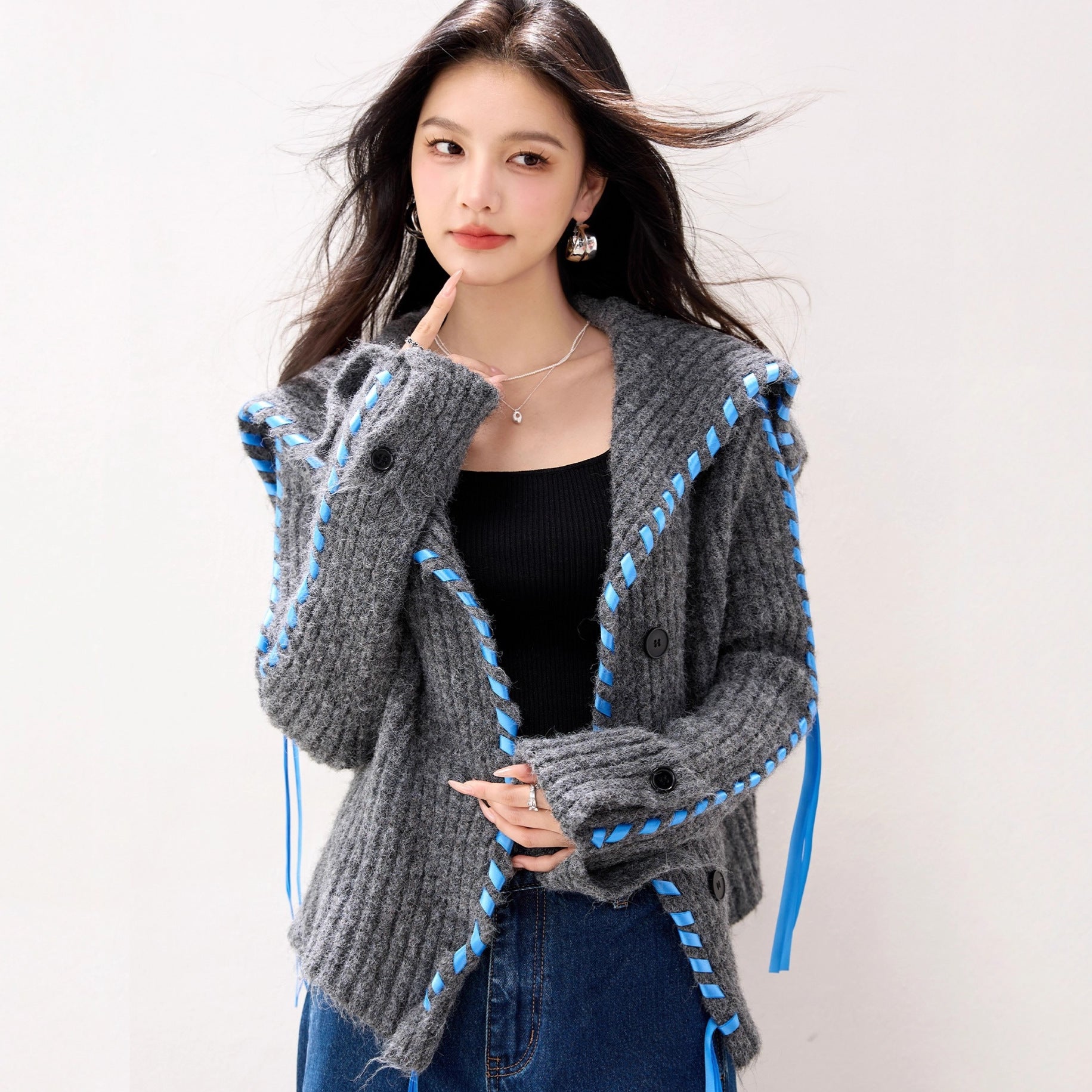 R5856 Advanced Wool Sweater With Large Lapel Short Coat, Lazy Style Knitted Cardigan For Women, Niche Thick And Warm