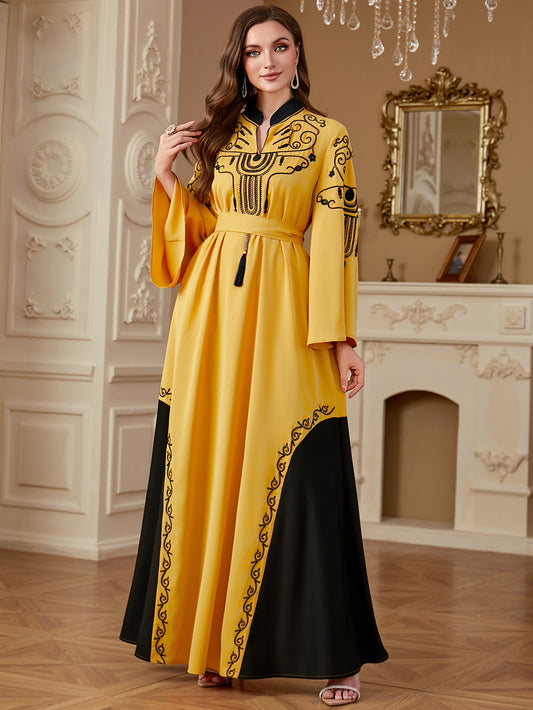 4290 Women's Dubai Robe Elegant Gorgeous Embroidery Contrast Color Stitching Moroccan Long Skirt Fashion New Dress