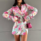 Foreign Trade Women's Digital Printing Fashion Skirt Suit New Lapel Long-sleeved Top High-waisted Skirt Two-piece Set