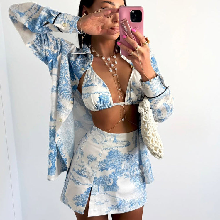Chinese Style Printed Casual Suit For Women European And American Spring And Autumn New Lapel Long-sleeved Shirt Vest Slit Skirt Three-piece Set