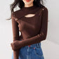 R3528 Niche Design Knitwear Women's Half Turtleneck Cut Out Elastic Brown Sexy Flesh-Covering Slimming Look Top Winter