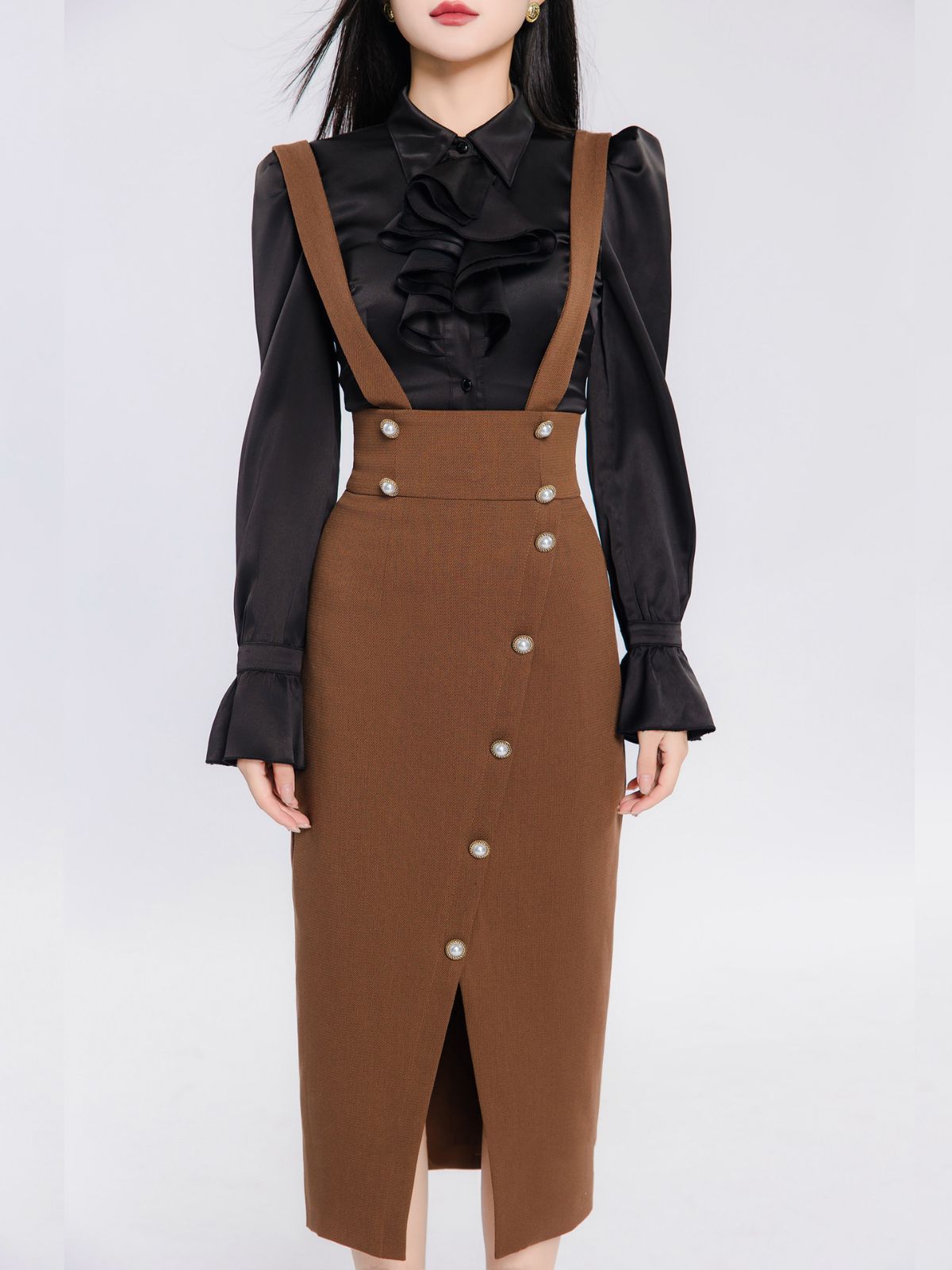 Suit Women's Autumn New French Style Black Turtleneck Bottoming Shirt Retro Strap Dress Two-piece Set