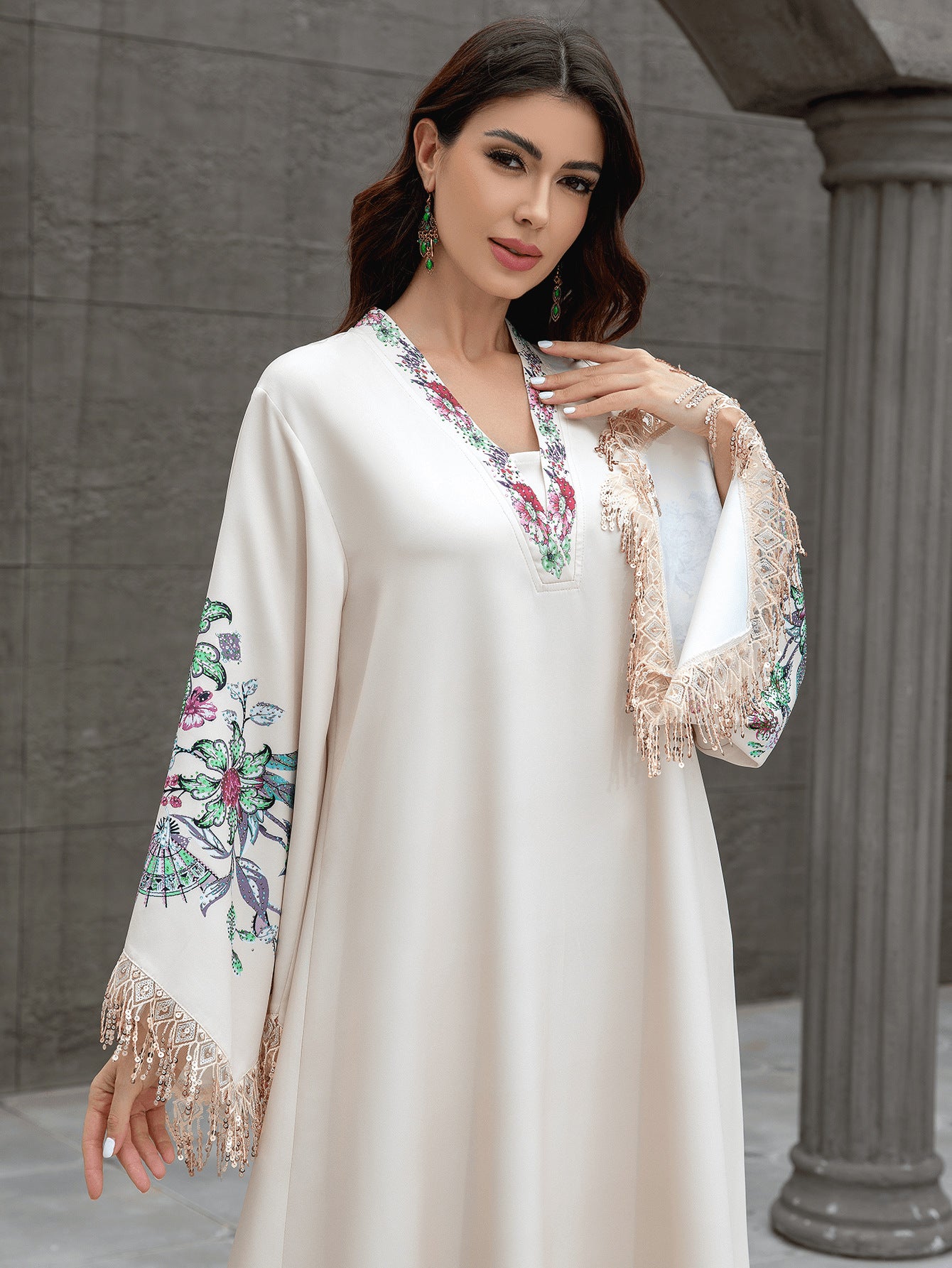 Cross-Border Muslim Women's Robe V Neck Embroidered Tassel Elegant Arabic Dress Abaya