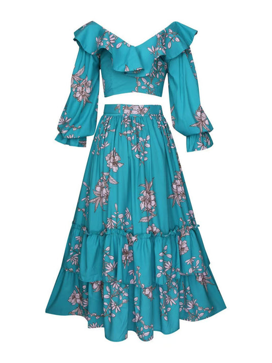 Europe And The United States Amazon Cross-border New Fashion Printed Jacket Flounce Long Skirt Suit