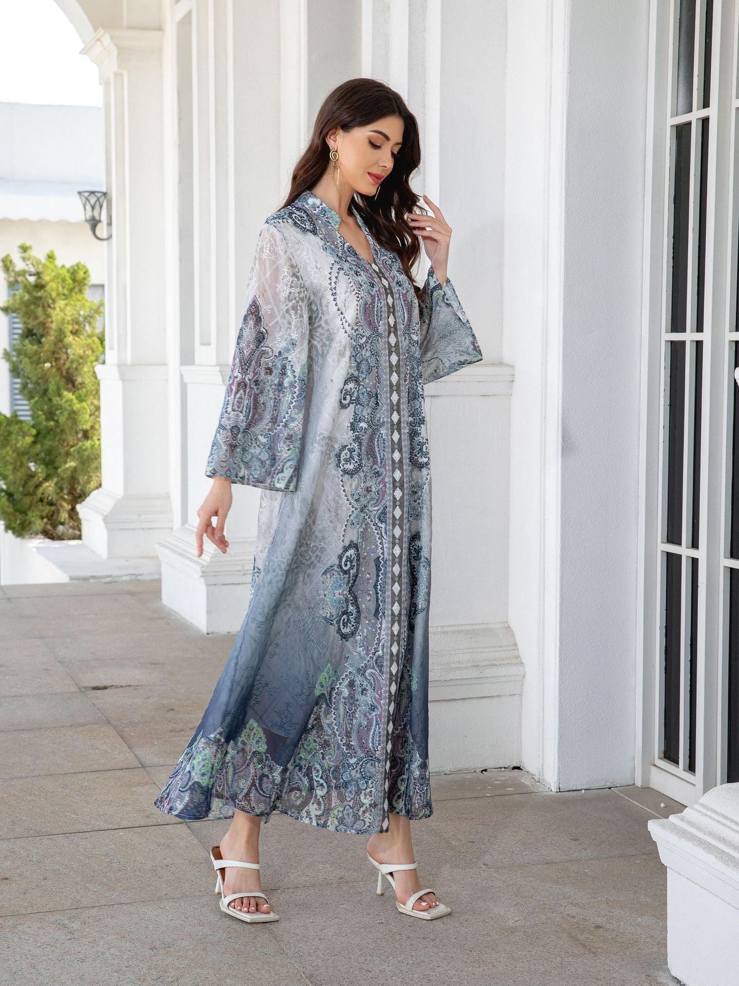 241112 Middle East Cross Border Muslim Women's Robe Embroidered Cloth Printed Rhinestone Women's Long Dress Dress Abayas