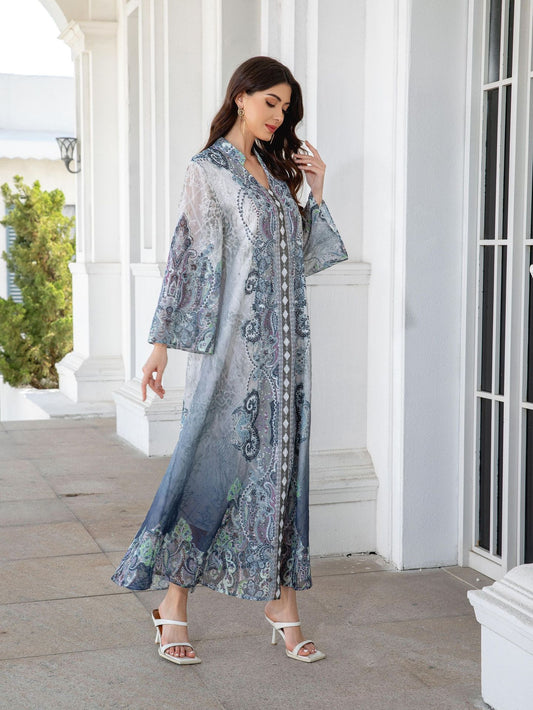 241112 Middle East Cross Border Muslim Women's Robe Embroidered Cloth Printed Rhinestone Women's Long Dress Dress Abayas