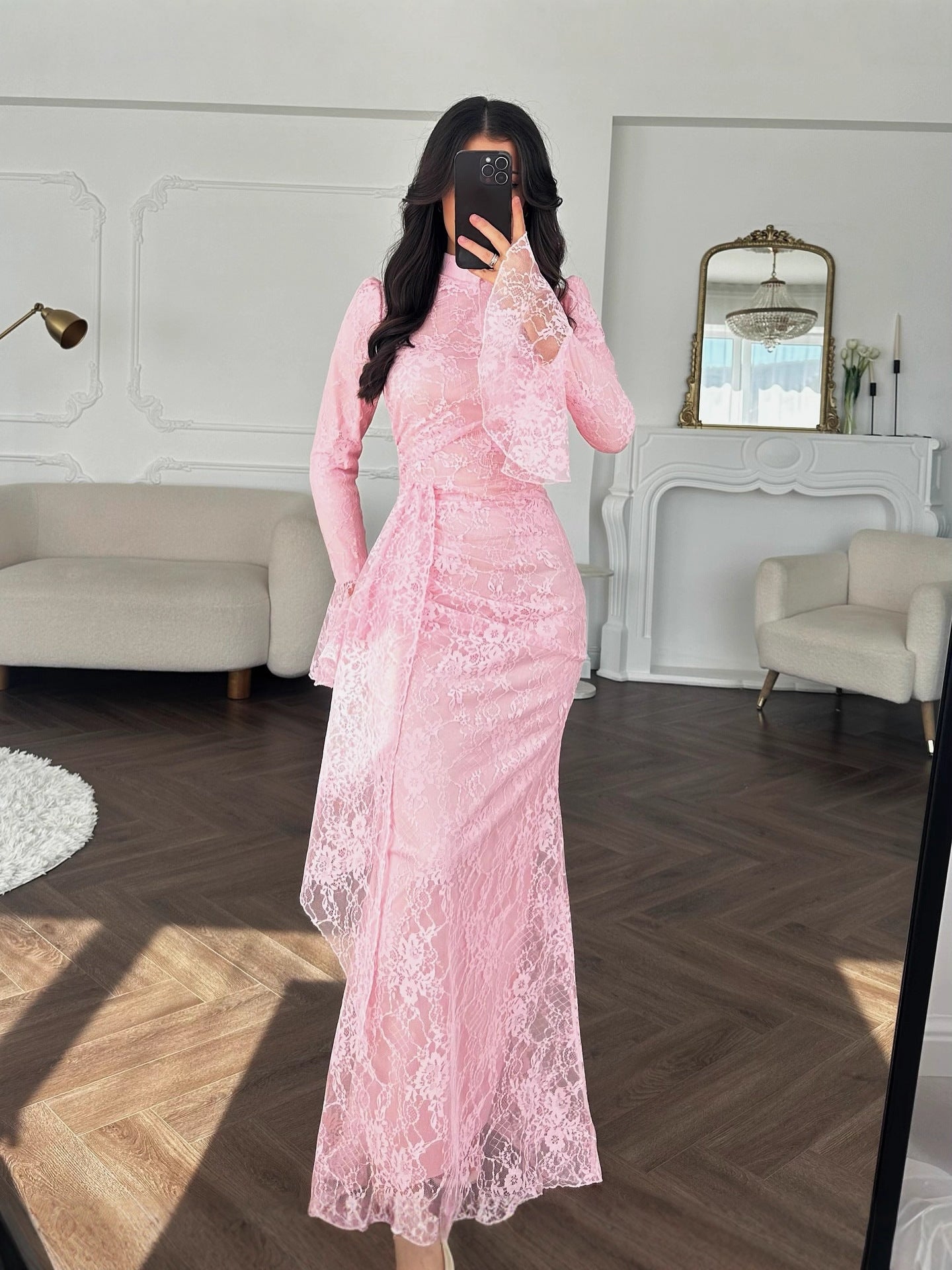 2025 Cross-border New European And American Style Women's Sexy Fashion Hip-covering Long Skirt Evening Dress Long-sleeved Lace Dress