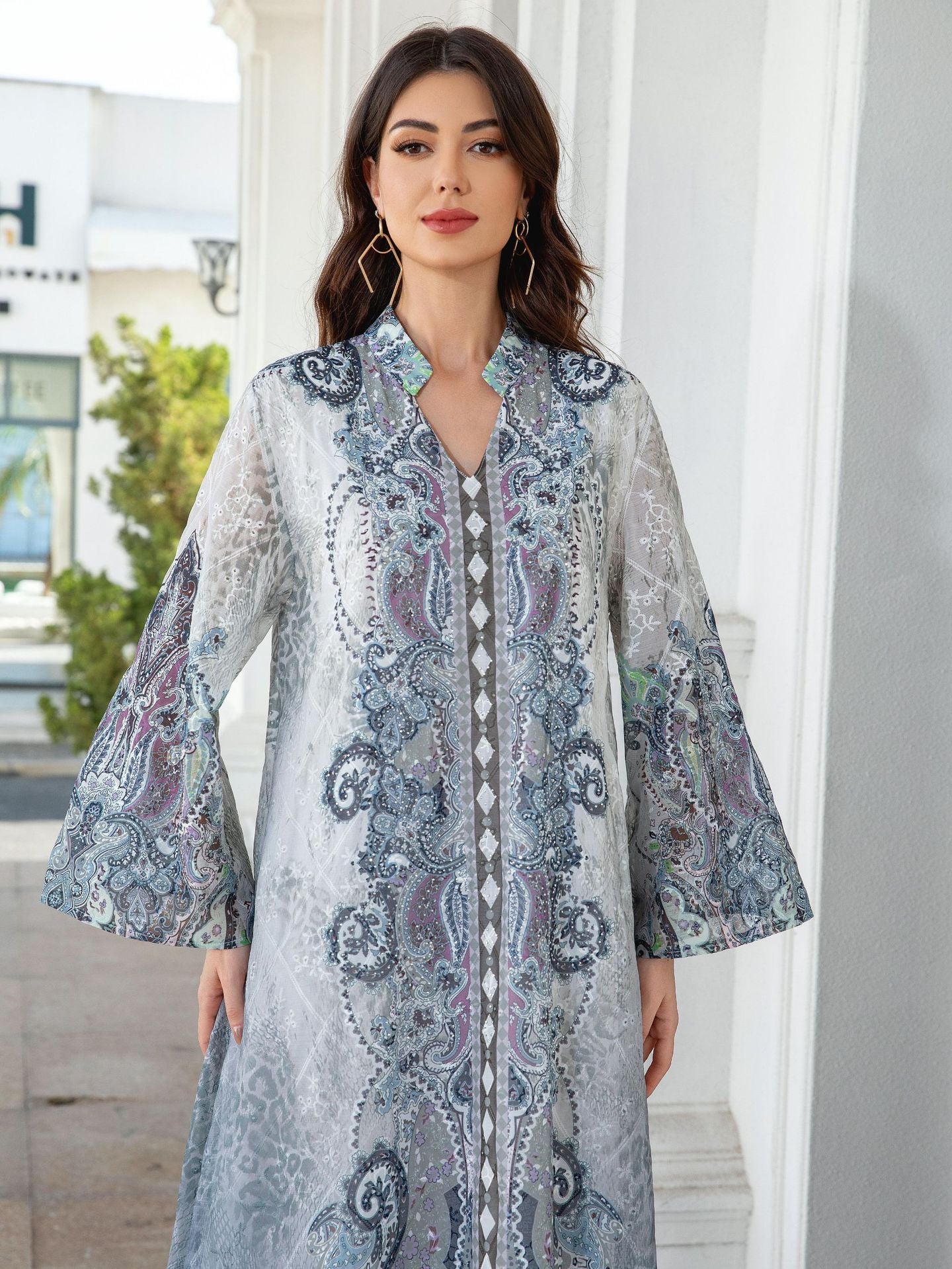 241112 Middle East Cross Border Muslim Women's Robe Embroidered Cloth Printed Rhinestone Women's Long Dress Dress Abayas