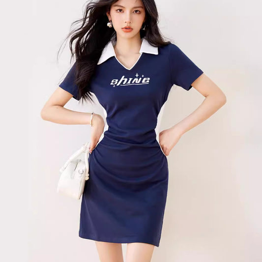 R3320 Original Designer Brand Letter Polo Skirt Elastic Slimming Look Cotton Slim Dress Summer