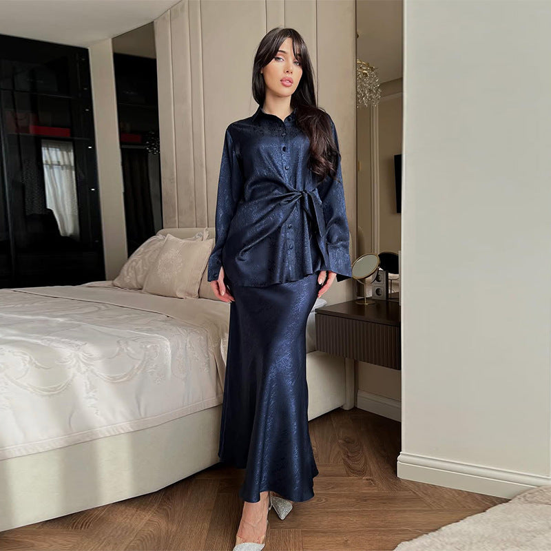 2025 New European And American Amazon Cross-border Foreign Trade Women's Lapel Irregular Button Long Sleeve Top Long Skirt Suit