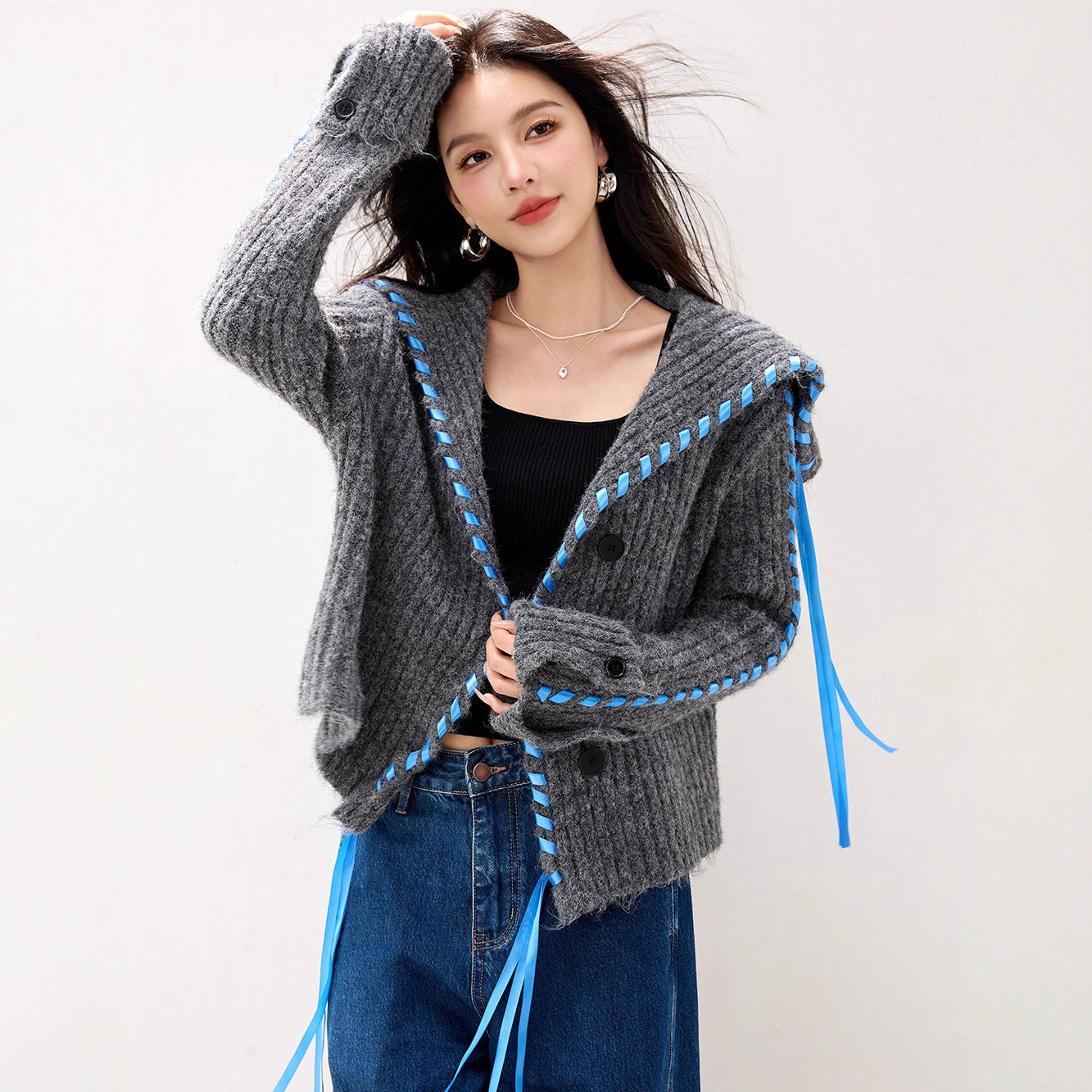 R5856 Advanced Wool Sweater With Large Lapel Short Coat, Lazy Style Knitted Cardigan For Women, Niche Thick And Warm