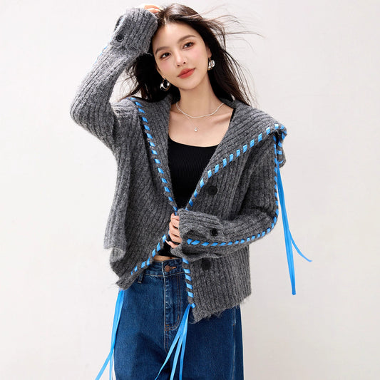 R5856 Advanced Wool Sweater With Large Lapel Short Coat, Lazy Style Knitted Cardigan For Women, Niche Thick And Warm