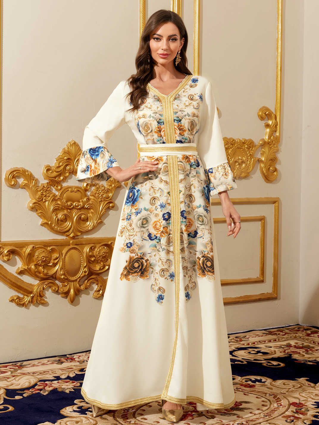 Foreign Trade Middle East Arab Women Dress Dubai Robe Long Sleeve Printed V-Neck Dress Long Dress Amazon