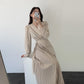Korean Chic Autumn New V-neck Elegant Elegant Slim-fit Puff Sleeve Pleated Long Sleeve Mid-length Dress For Women