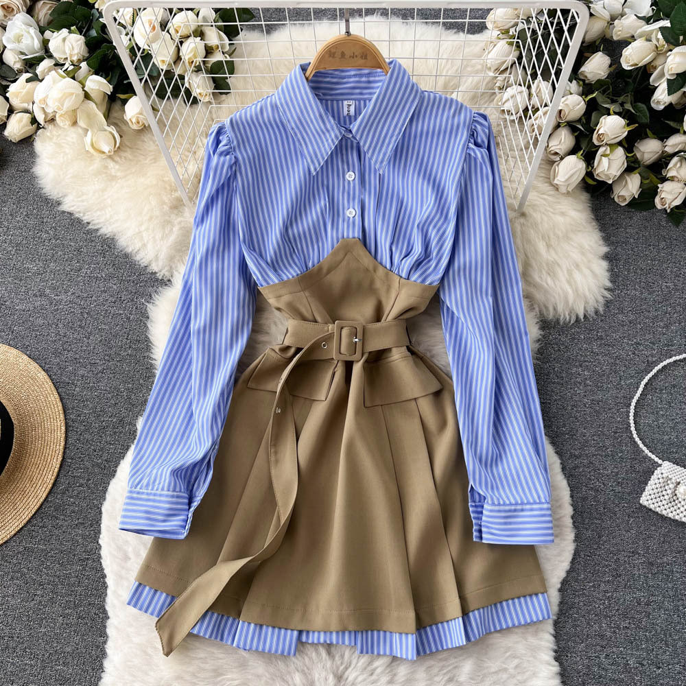 High-quality Light Familiar Style Niche Design Contrast Color Long-sleeved Dress Autumn Women&#039;s French Waist Shirt Skirt