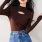 R3528 Niche Design Knitwear Women's Half Turtleneck Cut Out Elastic Brown Sexy Flesh-Covering Slimming Look Top Winter