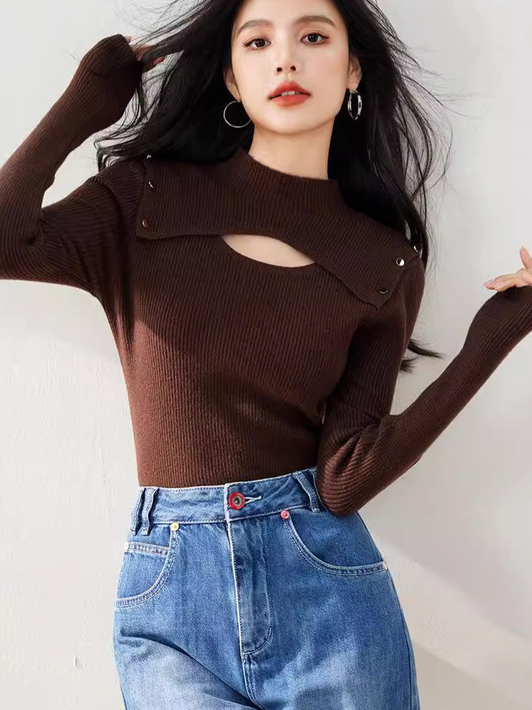 R3528 Niche Design Knitwear Women's Half Turtleneck Cut Out Elastic Brown Sexy Flesh-Covering Slimming Look Top Winter