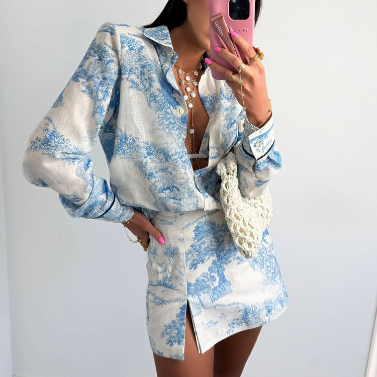 Chinese Style Printed Casual Suit For Women European And American Spring And Autumn New Lapel Long-sleeved Shirt Vest Slit Skirt Three-piece Set