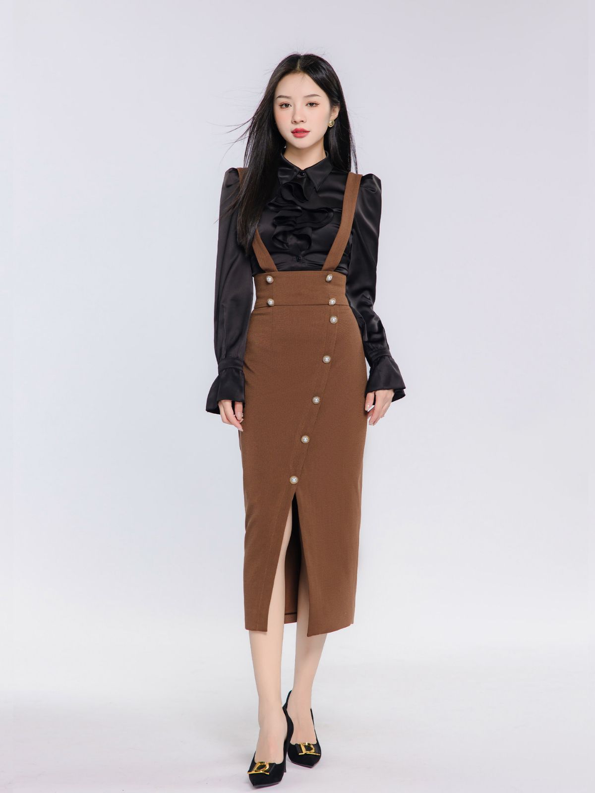 Suit Women's Autumn New French Style Black Turtleneck Bottoming Shirt Retro Strap Dress Two-piece Set