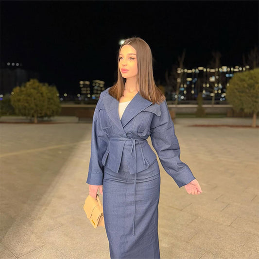2025 European And American Amazon Cross-border Foreign Trade Women's New Lace-up Long Sleeve Elegant Long Sleeve Skirt Suit