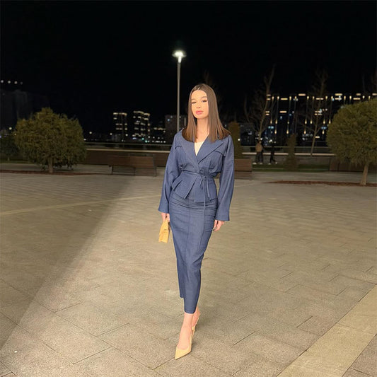 2025 European And American Amazon Cross-border Foreign Trade Women's New Lace-up Long Sleeve Elegant Long Sleeve Skirt Suit