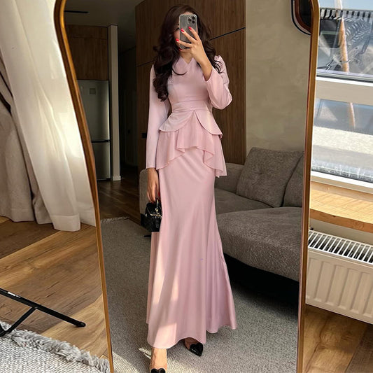 2025 New Autumn Women's Clothing European And American Amazon Cross-border Foreign Trade Ruffled Waist Pink Elegant Skirt Suit