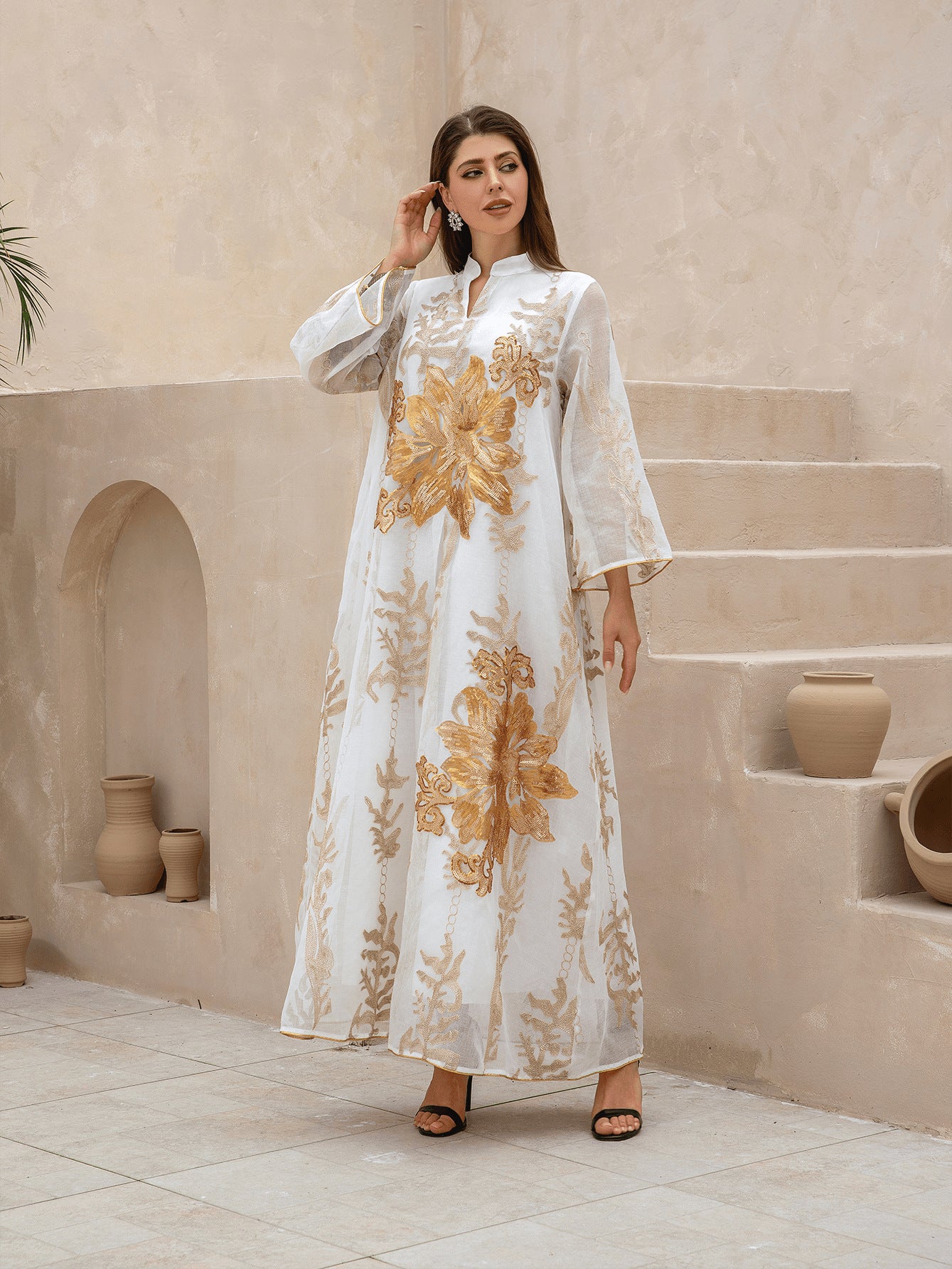 Zd045 Middle East Cross-Border Golden Sequin Embroidered Yarn Muslim Women Jalabiya Dubai Arabaya