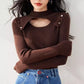 R3528 Niche Design Knitwear Women's Half Turtleneck Cut Out Elastic Brown Sexy Flesh-Covering Slimming Look Top Winter