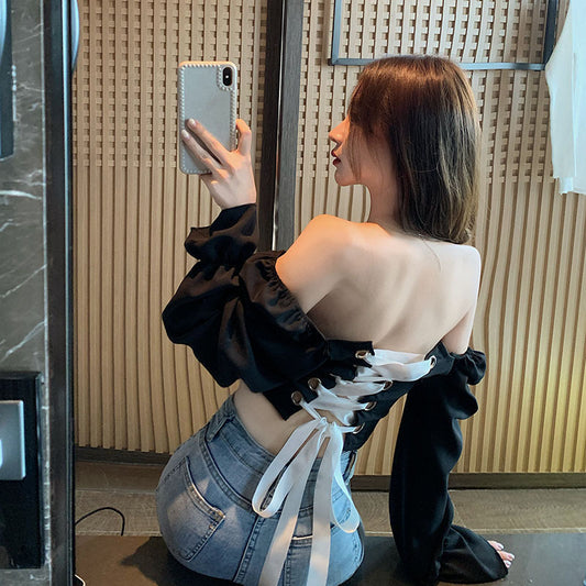 Autumn New Style Palace Puff-sleeved Long-sleeved Shirt, Feminine Backless Cross-over Short Strappy Top With Slim Fit