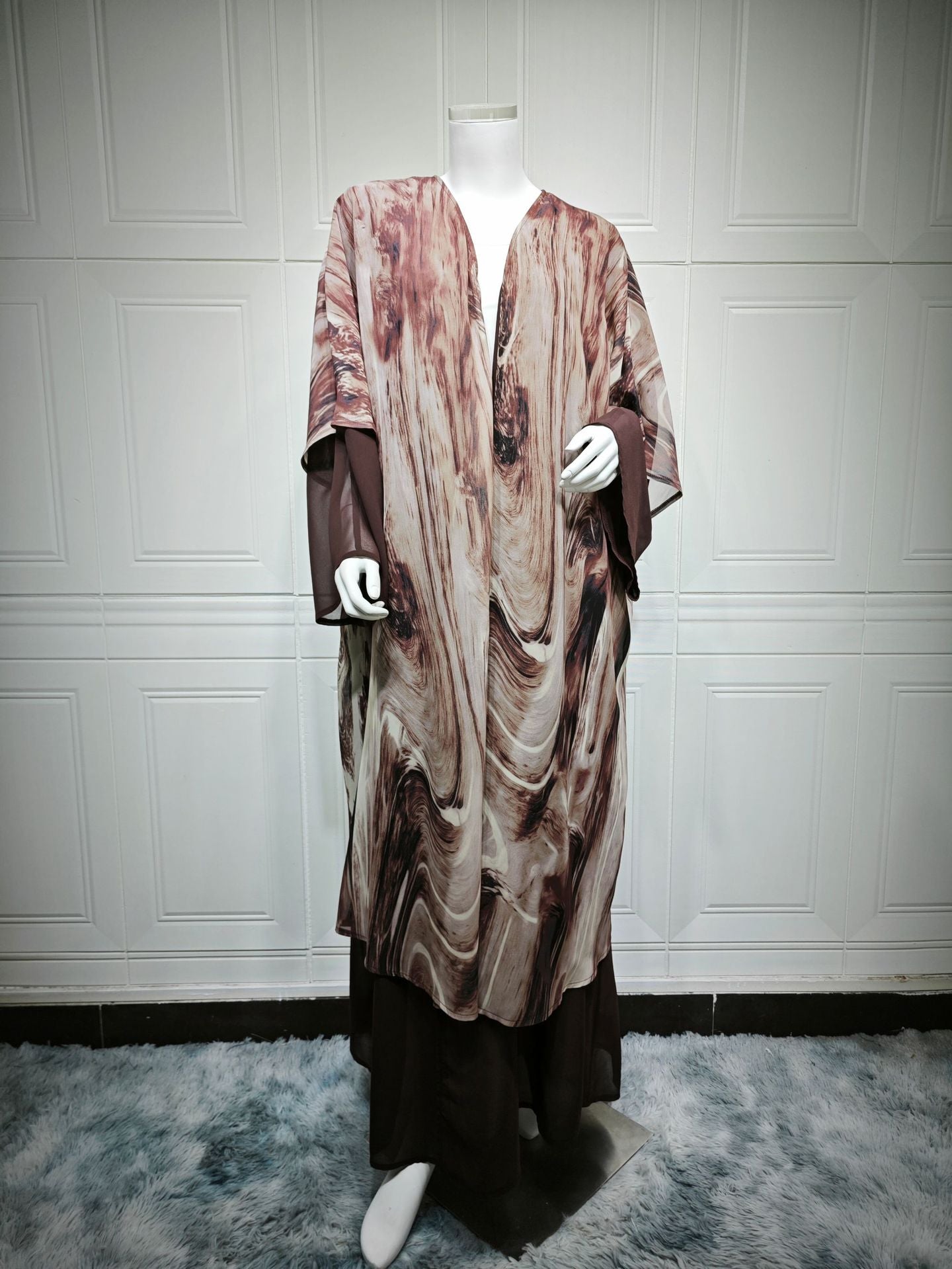 With Turban Brown Print Muslim Women's Clothing