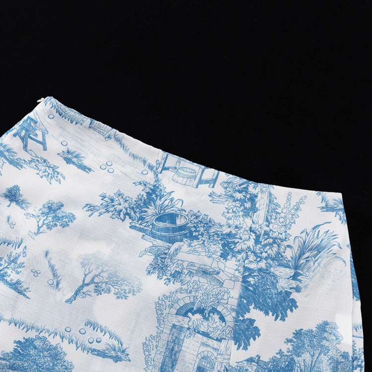 Style Printed Casual Suit For WomenSpring And Autumn New Lapel Long-sleeved Shirt Vest Slit Skirt Three-piece Set