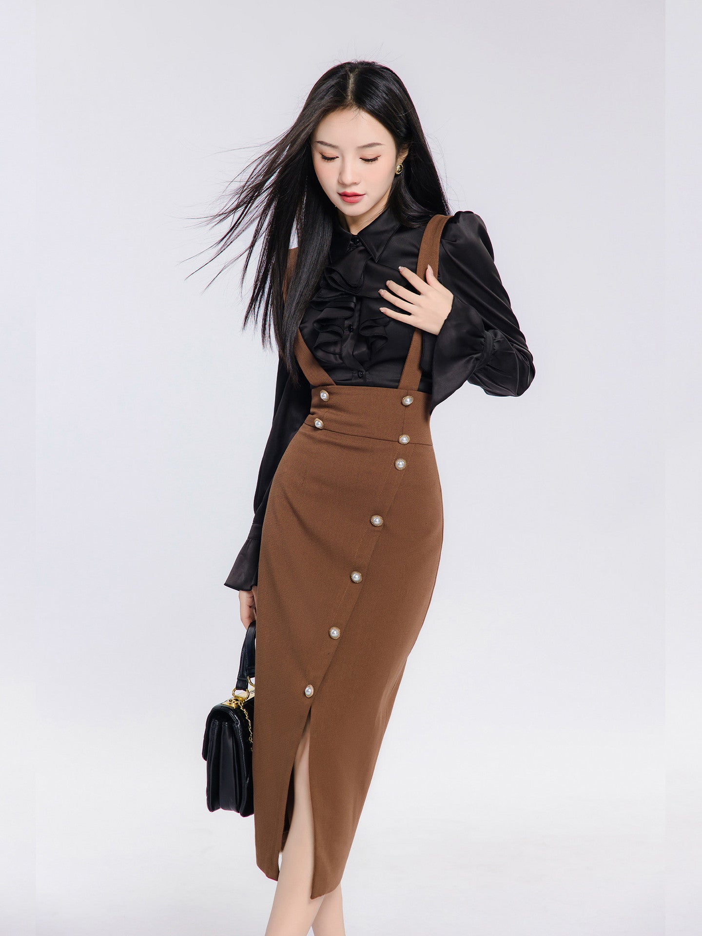 Suit Women's Autumn New French Style Black Turtleneck Bottoming Shirt Retro Strap Dress Two-piece Set