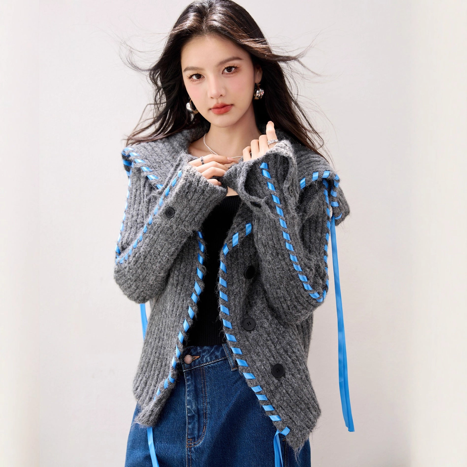 R5856 Advanced Wool Sweater With Large Lapel Short Coat, Lazy Style Knitted Cardigan For Women, Niche Thick And Warm
