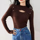 R3528 Niche Design Knitwear Women's Half Turtleneck Cut Out Elastic Brown Sexy Flesh-Covering Slimming Look Top Winter