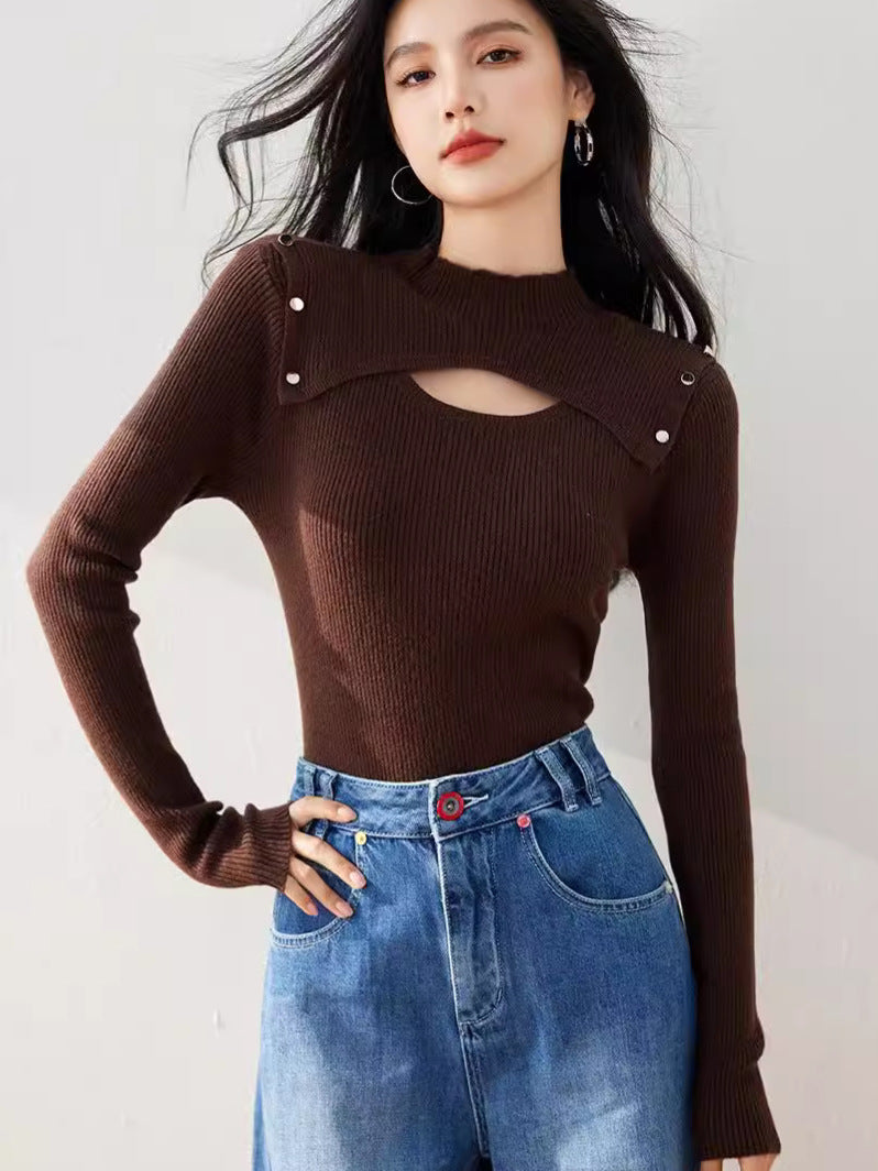 R3528 Niche Design Knitwear Women's Half Turtleneck Cut Out Elastic Brown Sexy Flesh-Covering Slimming Look Top Winter