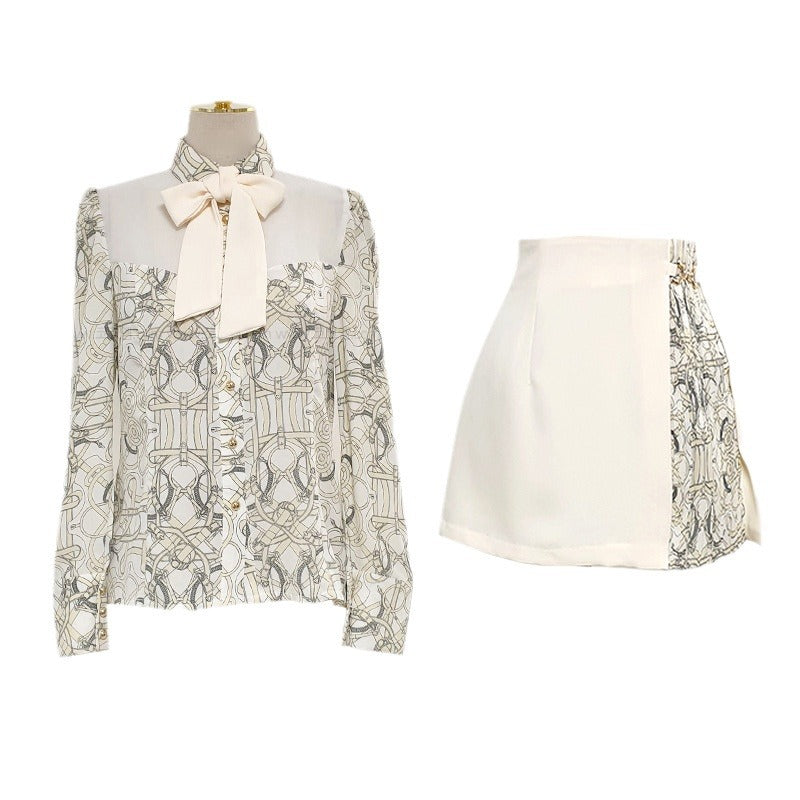 Cross-border Suit 2023 Summer New Celebrity Printed Long-sleeved Shirt + High Waist Women's A- Shape Skirt Two-piece Set
