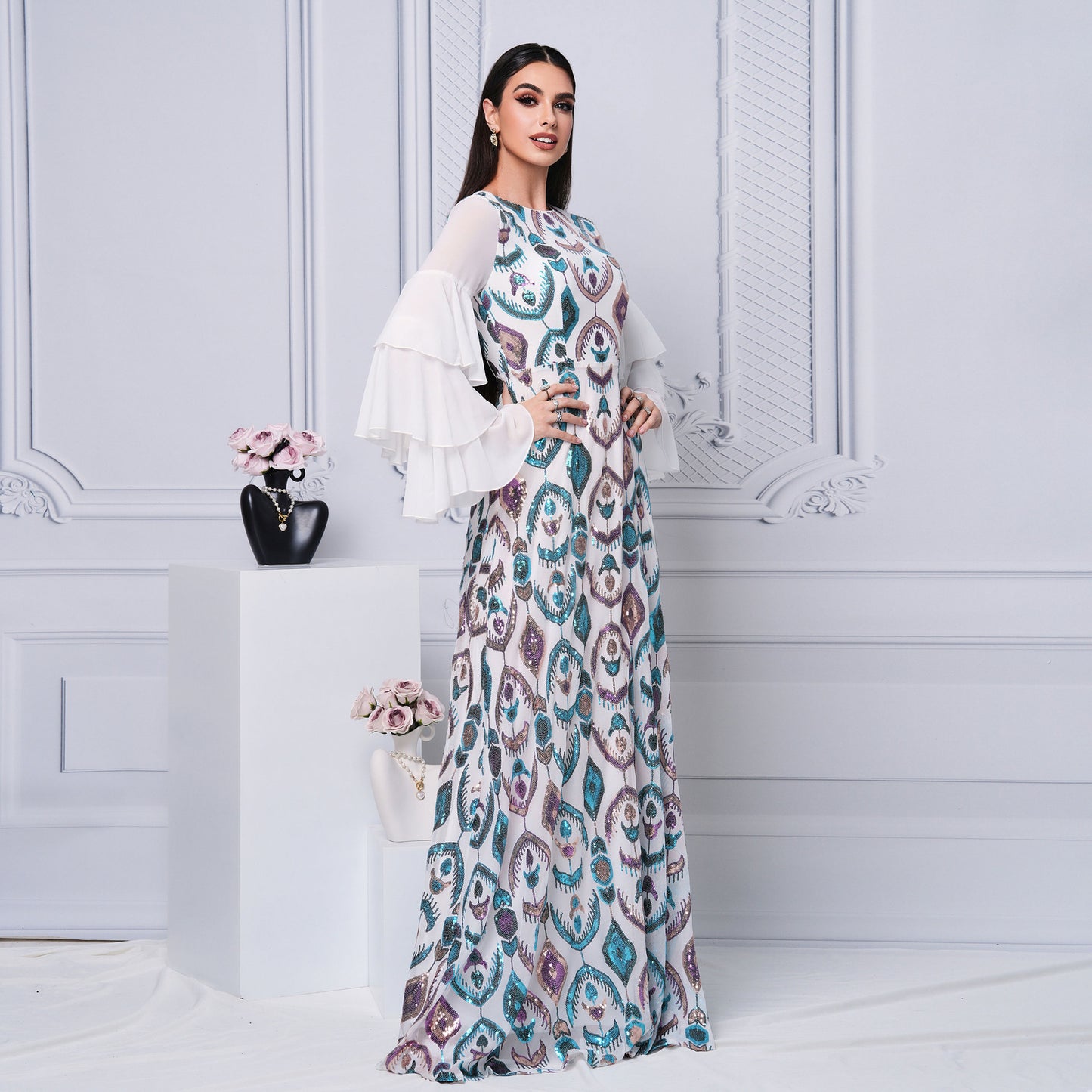 Cross-border Export European And American Middle East Saudi Arabia Clothing Long Round Neck Long-sleeved Slim Waist Sequin Dress