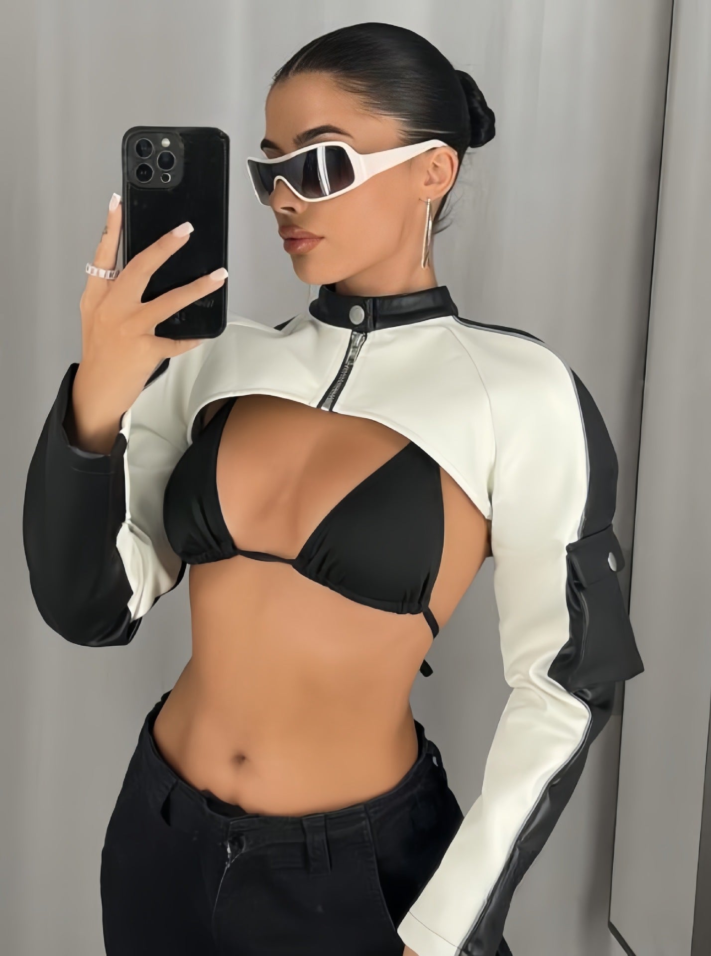 Europe And The United States Personality Stand Collar Zipper Placket Jacket 2024 Autumn New Cool Pull Motorcycle Color Matching Long Sleeve Jacket