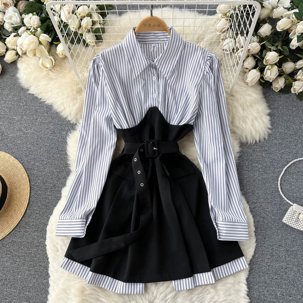 High-quality Light Familiar Style Niche Design Contrast Color Long-sleeved Dress Autumn Women&#039;s French Waist Shirt Skirt
